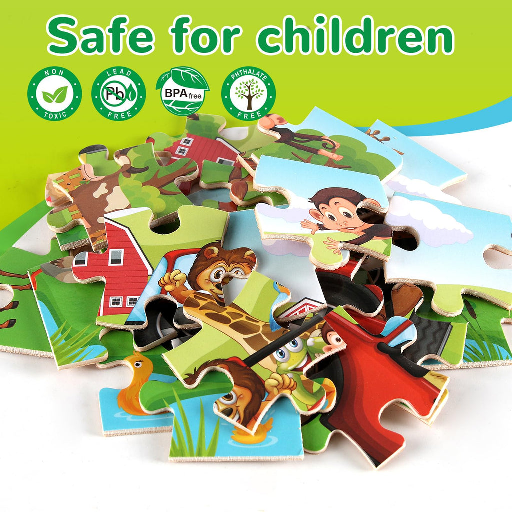 Wooden Educational Jigsaw Puzzles for Preschool Kids Ages 3-5, 4-Pack with 20 Pieces Dinosaur, Space, Transportation Wood Puzzles Set, Kids Brain Teaser Toys, Gifts for Boys Girls Ages 3 4 5 6