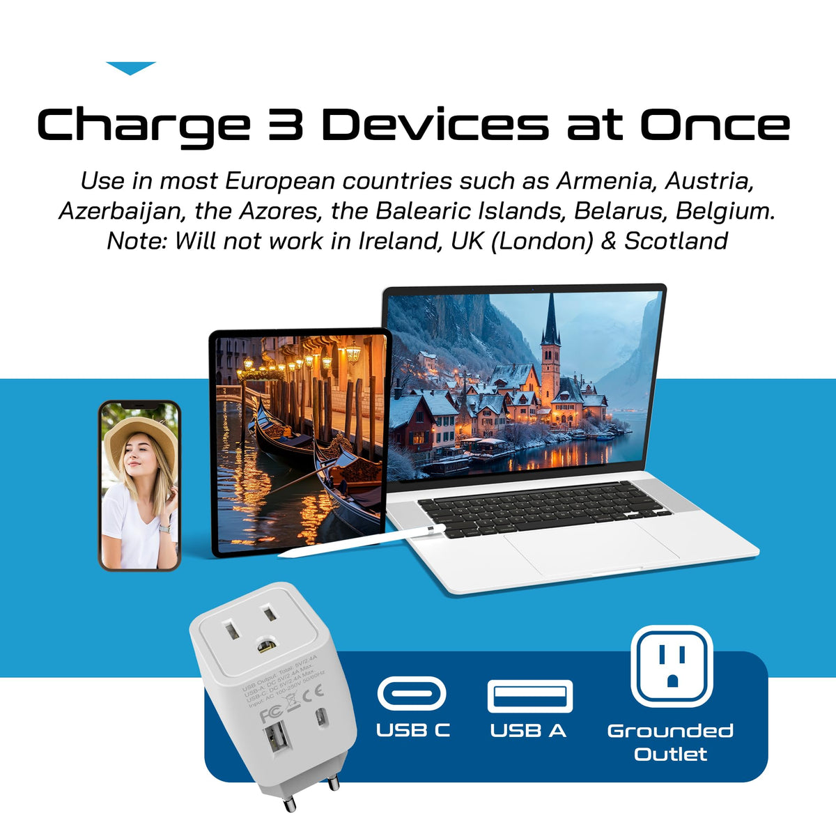 Ceptics 2 in 1 UK Adapters for Travel, Dual USA Input, Grounded, Pack of 3