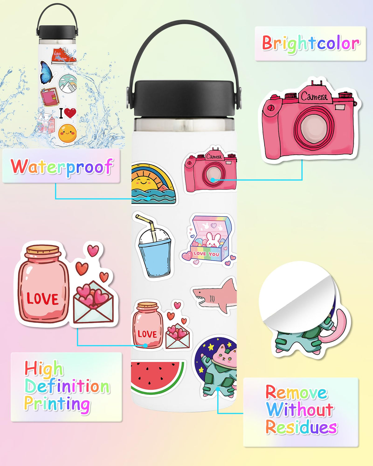 600 Pcs/Pack Water Bottle Stickers for Kids, Cute Vinyl Waterproof Stickers