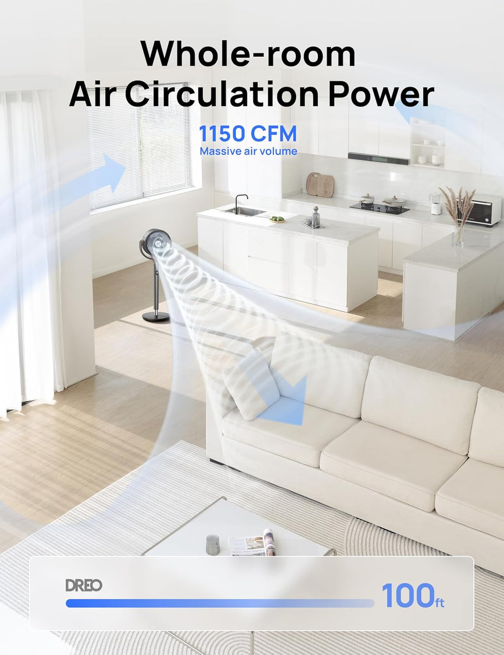 DREO Pedestal Fan for Bedroom, 100ft Airflow, Quiet DC Motor Standing Fan