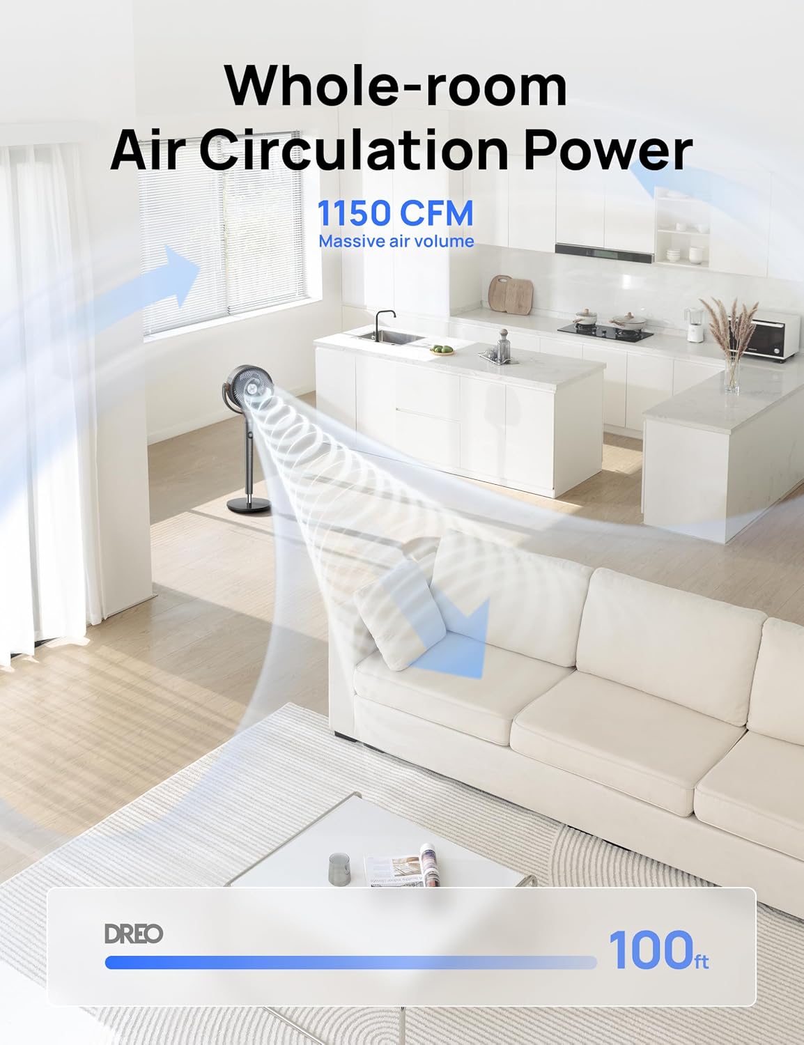 DREO Pedestal Fan for Bedroom, 100ft Airflow, Quiet DC Motor Standing Fan