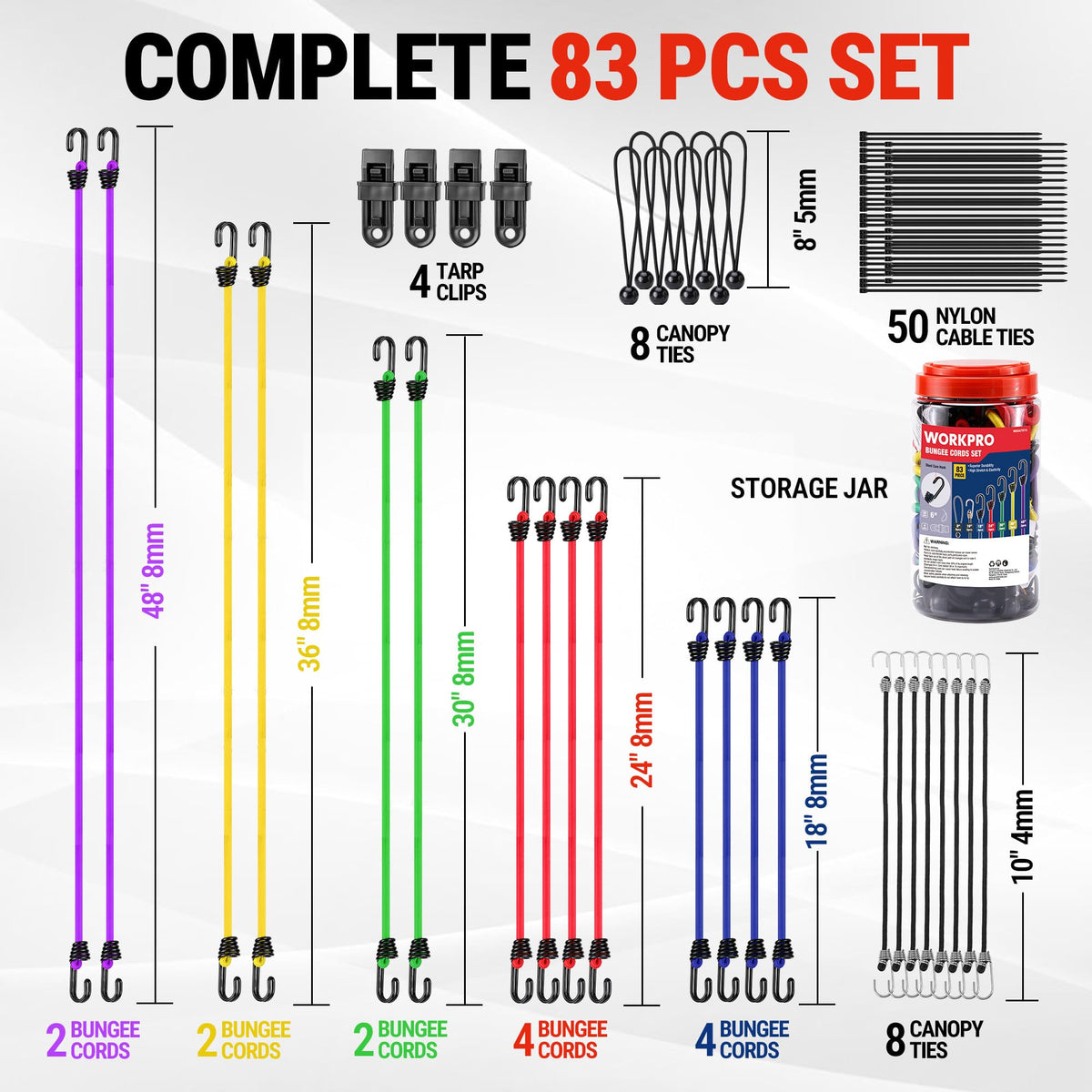 WORKPRO 24" Bungee Cords with Hooks, 4 Pack Heavy Duty Outdoor Bungee Strap
