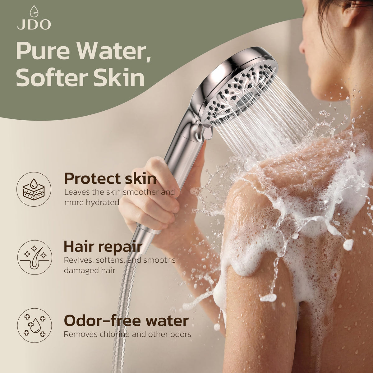 JDO High‑Pressure 6‑Setting Handheld Shower Head, 4.7 Inch Chrome Premium