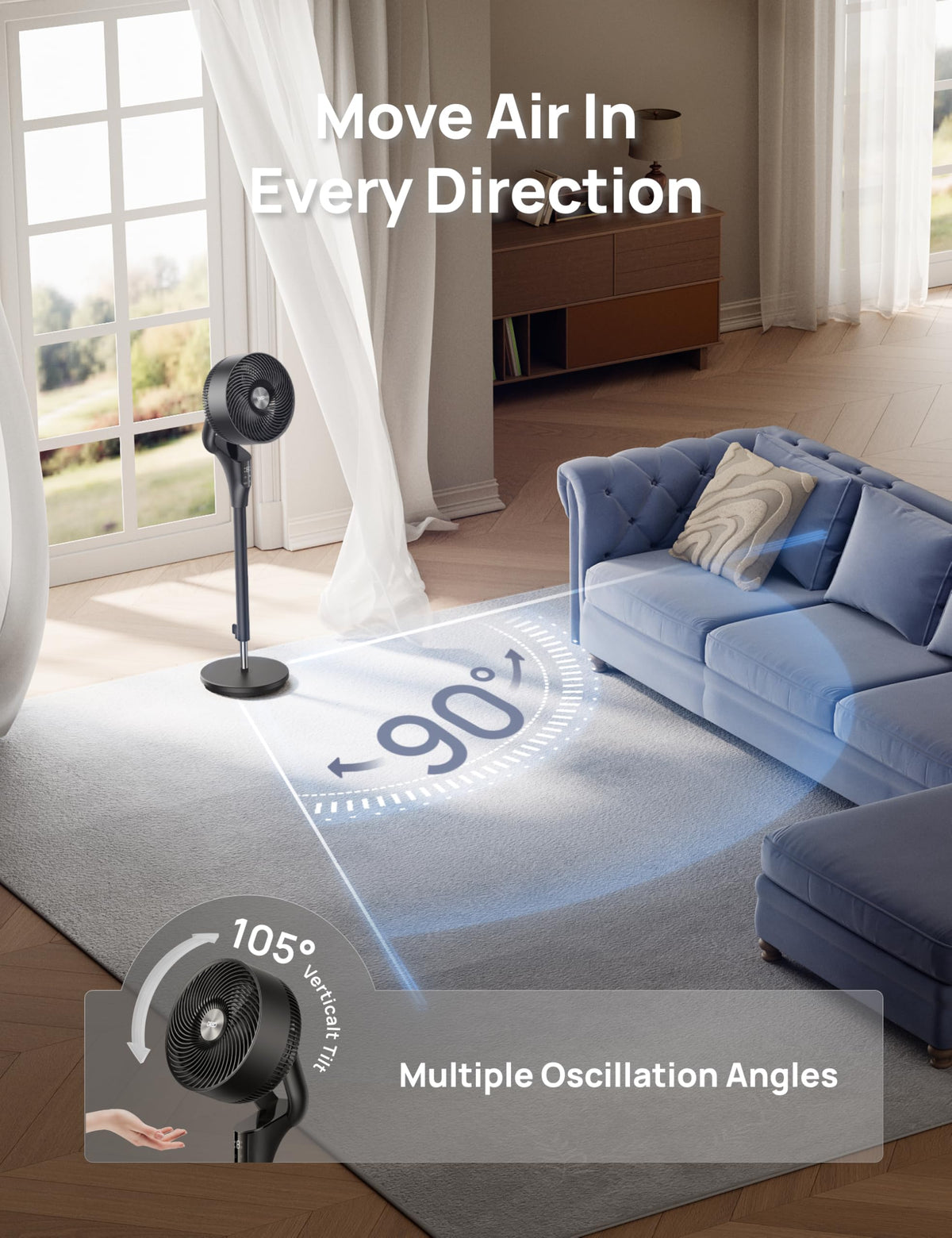 DREO Pedestal Fan for Bedroom, 100ft Airflow, Quiet DC Motor Standing Fan