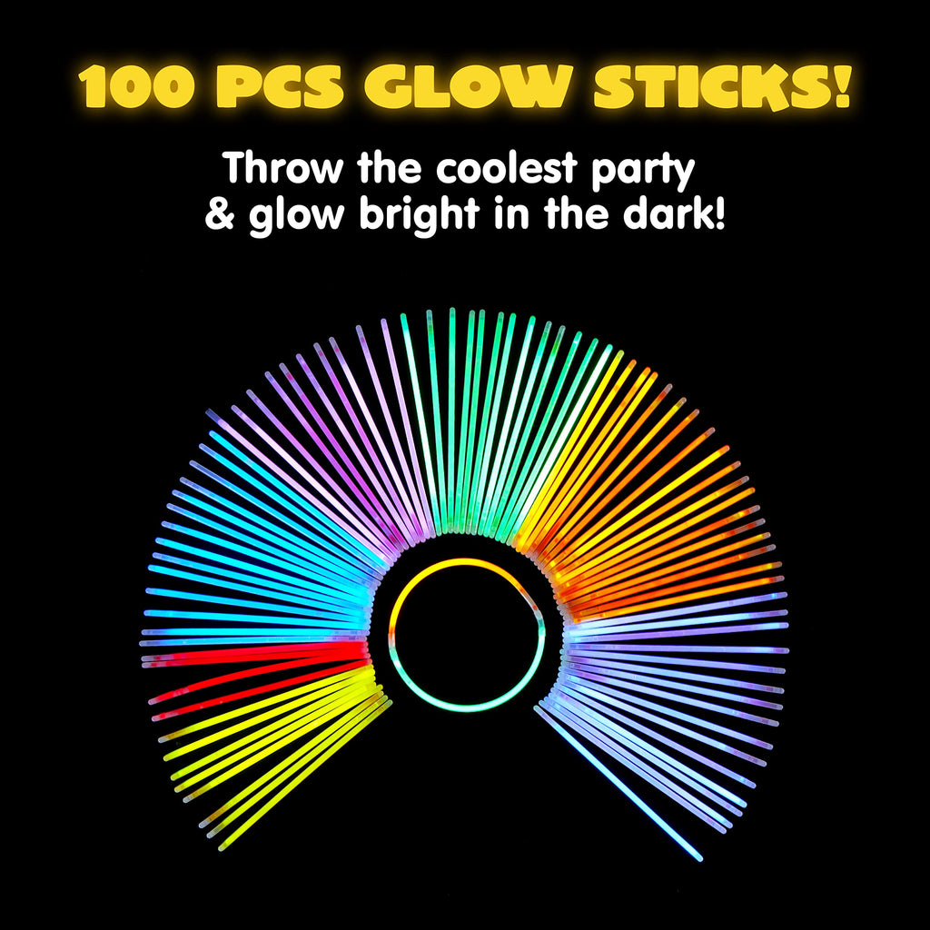 JOYIN 100 Pcs 8" Glow sticks Bulk Party Pack, Neon Glow in the Dark Party Supplies, Light Up Necklaces and Bracelets with Connectors for Halloween, Football, Birthday Decorations