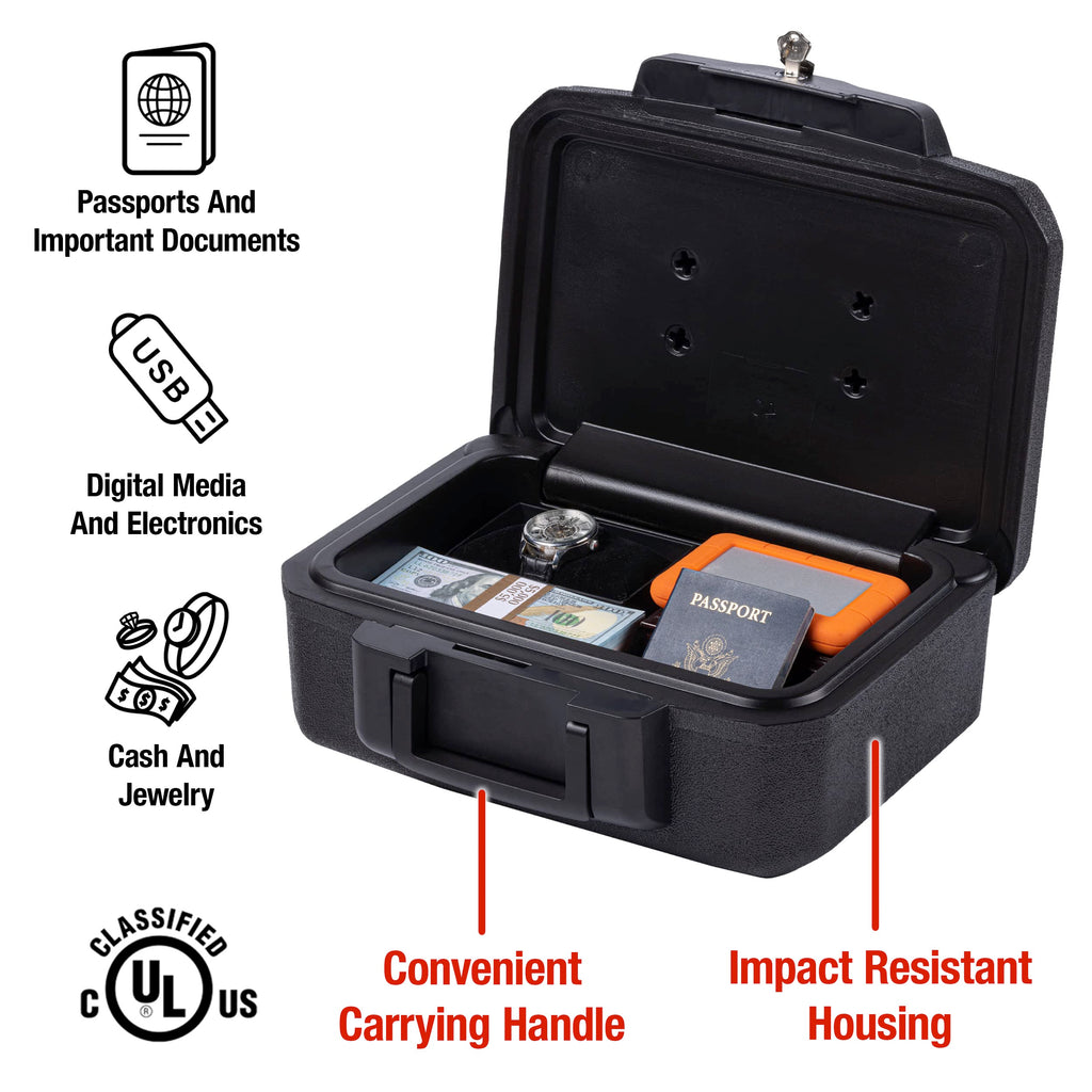 SentrySafe Fireproof Safe Box with Key Lock, Chest Safe with Carrying Handle to Secure Money, Jewelry, Documents, 0.25 Cubic Feet, 6.3 x 15.3 x 12.1 Inches, 1160