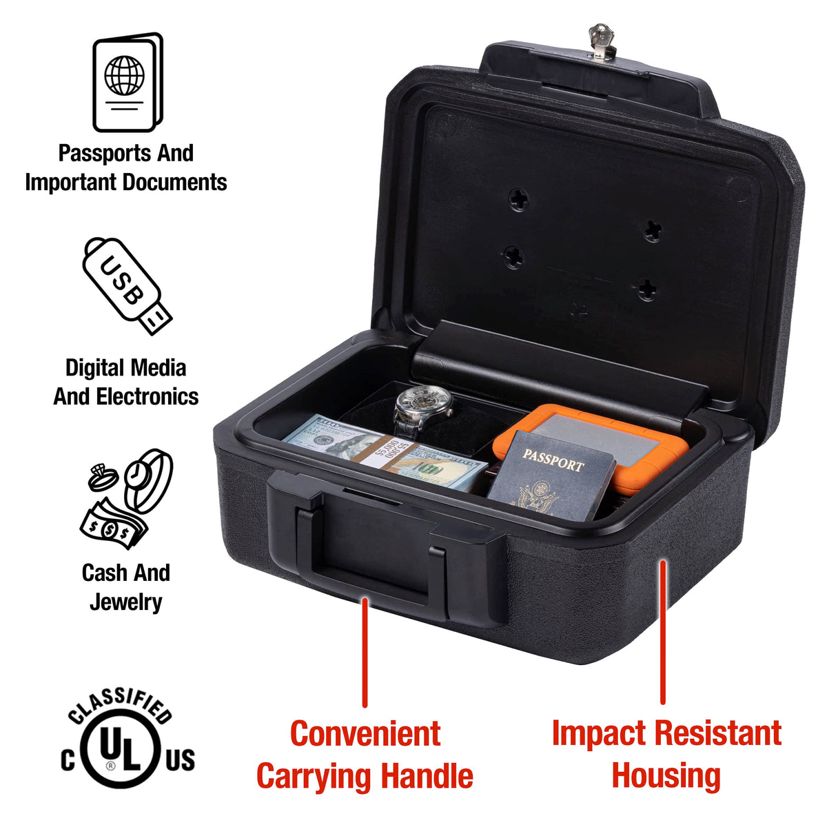 SentrySafe Fireproof Safe Box with Key Lock, Chest Safe with Carrying Handle to Secure Money, Jewelry, Documents, 0.25 Cubic Feet, 6.3 x 15.3 x 12.1 Inches, 1160