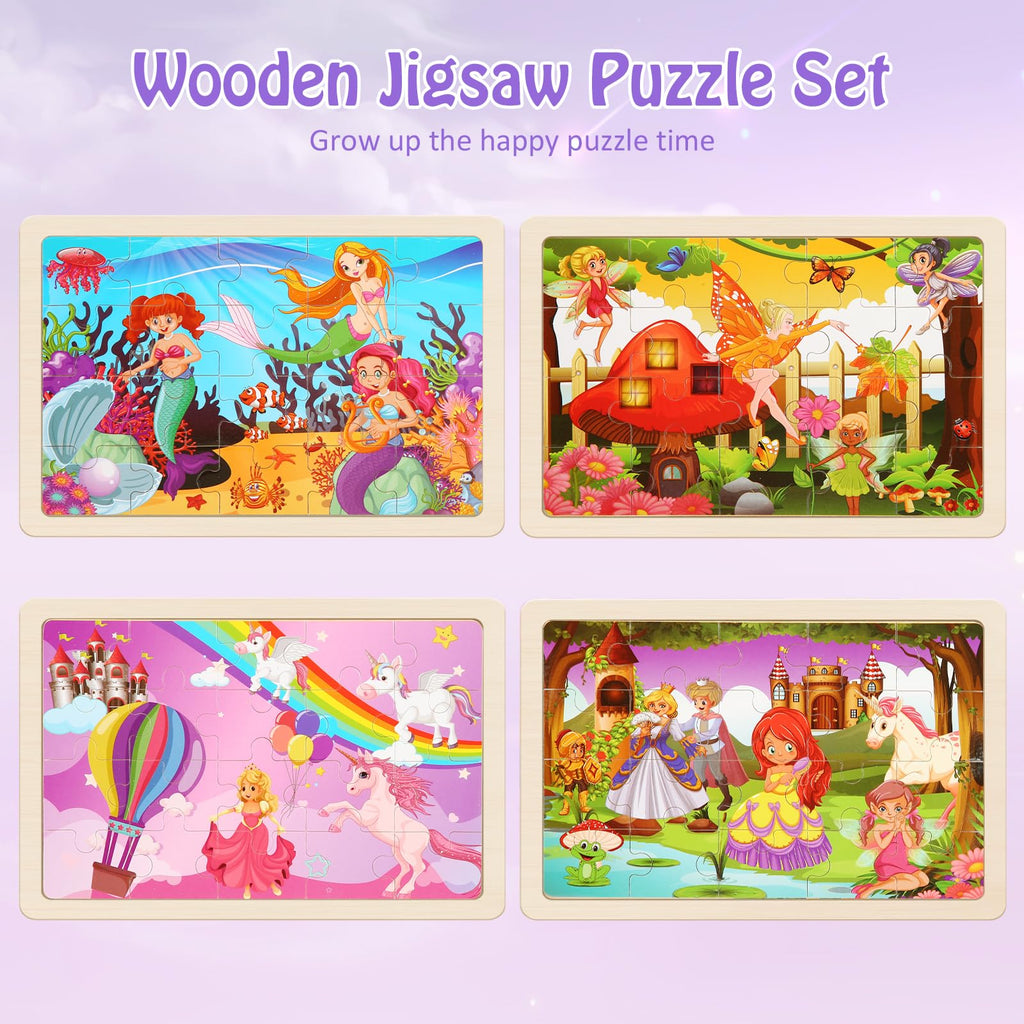 Wooden Educational Jigsaw Puzzles for Preschool Kids Ages 3-5, 4-Pack with 20 Pieces Dinosaur, Space, Transportation Wood Puzzles Set, Kids Brain Teaser Toys, Gifts for Boys Girls Ages 3 4 5 6