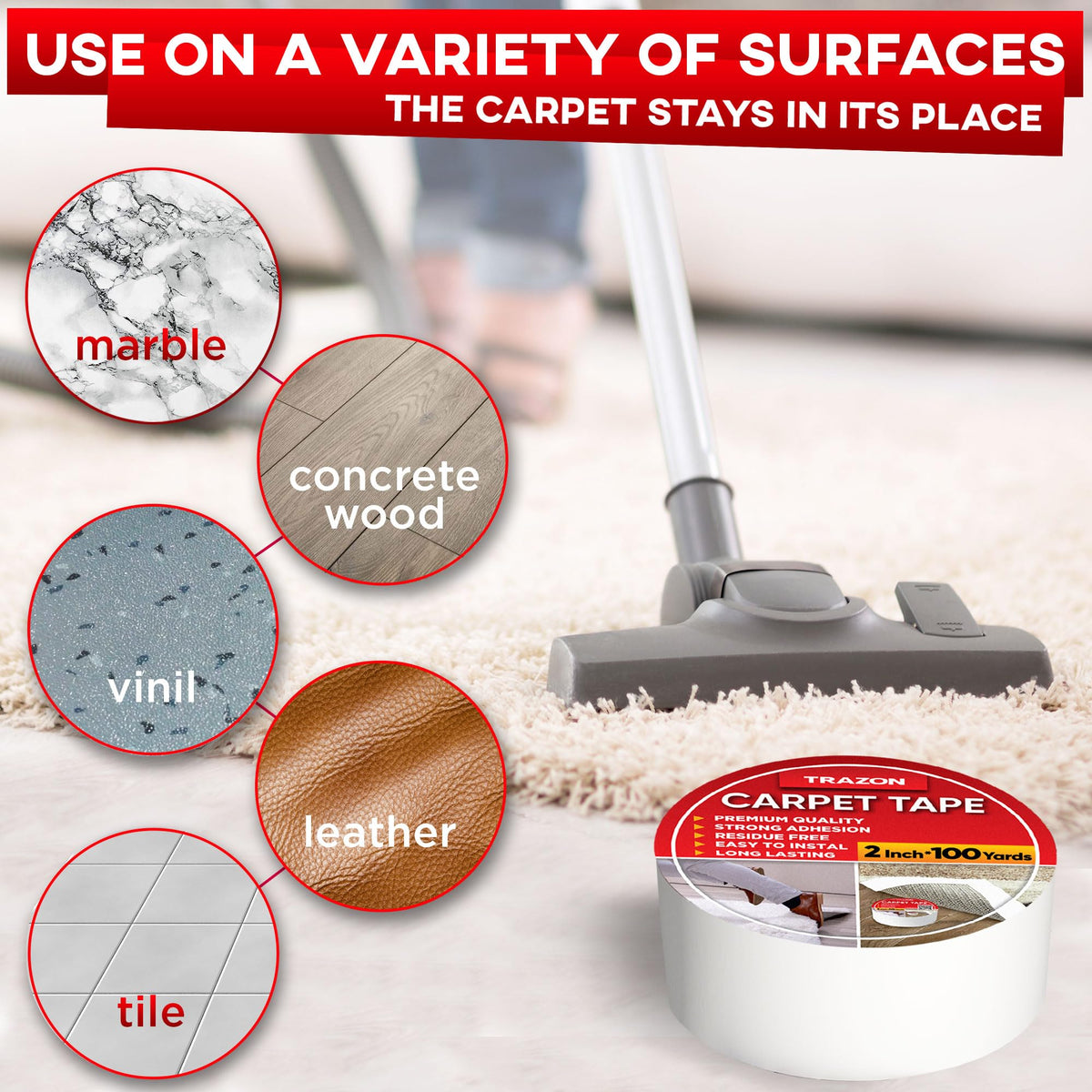 Carpet Tape Double Sided - Rug Tape Grippers for Hardwood Floors and Area Rugs - Carpet Binding Tape Strong Adhesive and Removable, Heavy Duty Stickers Grip Tape, Residue Free (2 Inch / 12 Yards)
