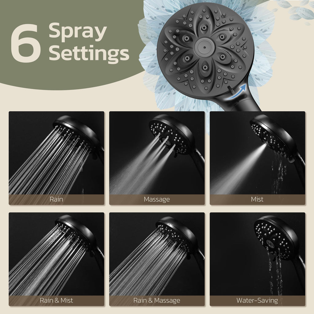 JDO High‑Pressure 6‑Setting Handheld Shower Head, 4.7 Inch Chrome Premium