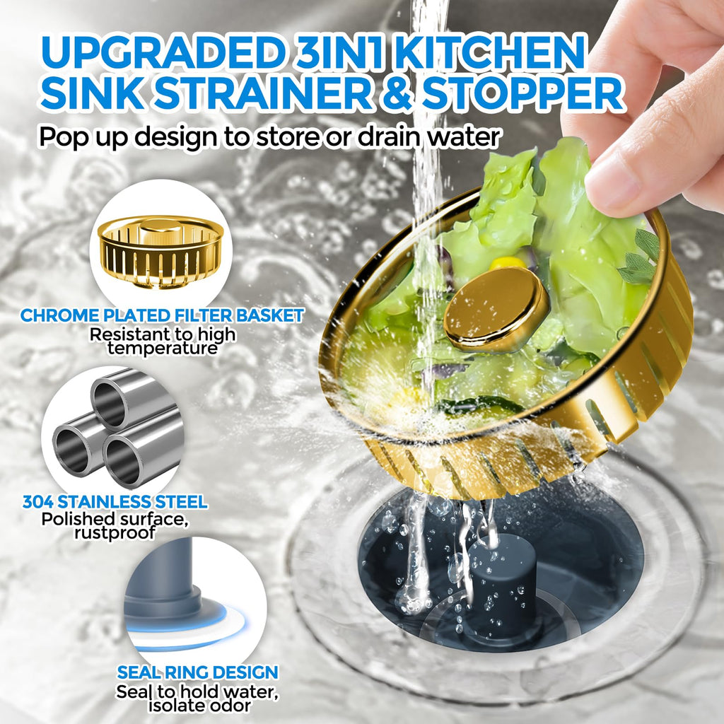 zaa 3 in 1 Kitchen Sink Drain Strainer Stopper Removable Basket Pop-Up