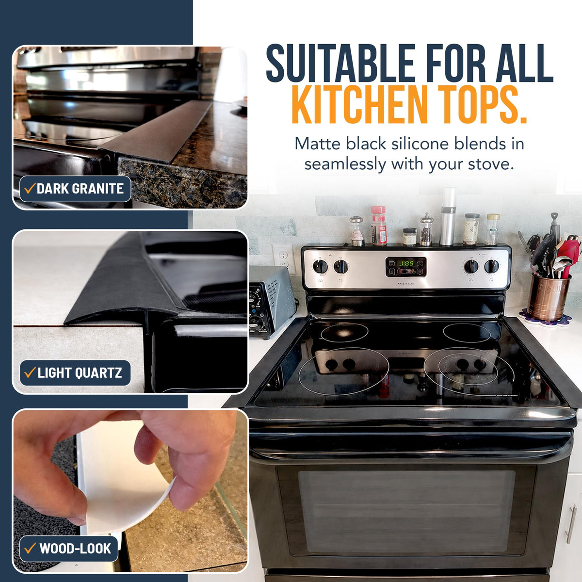 Linda’s Essentials Silicone Stove Gap Covers (2 Pack), Heat Resistant Oven Gap Filler Seals Gaps Between Stovetop and Counter, Easy to Clean Stove Gap Guard (21 Inches, Black)