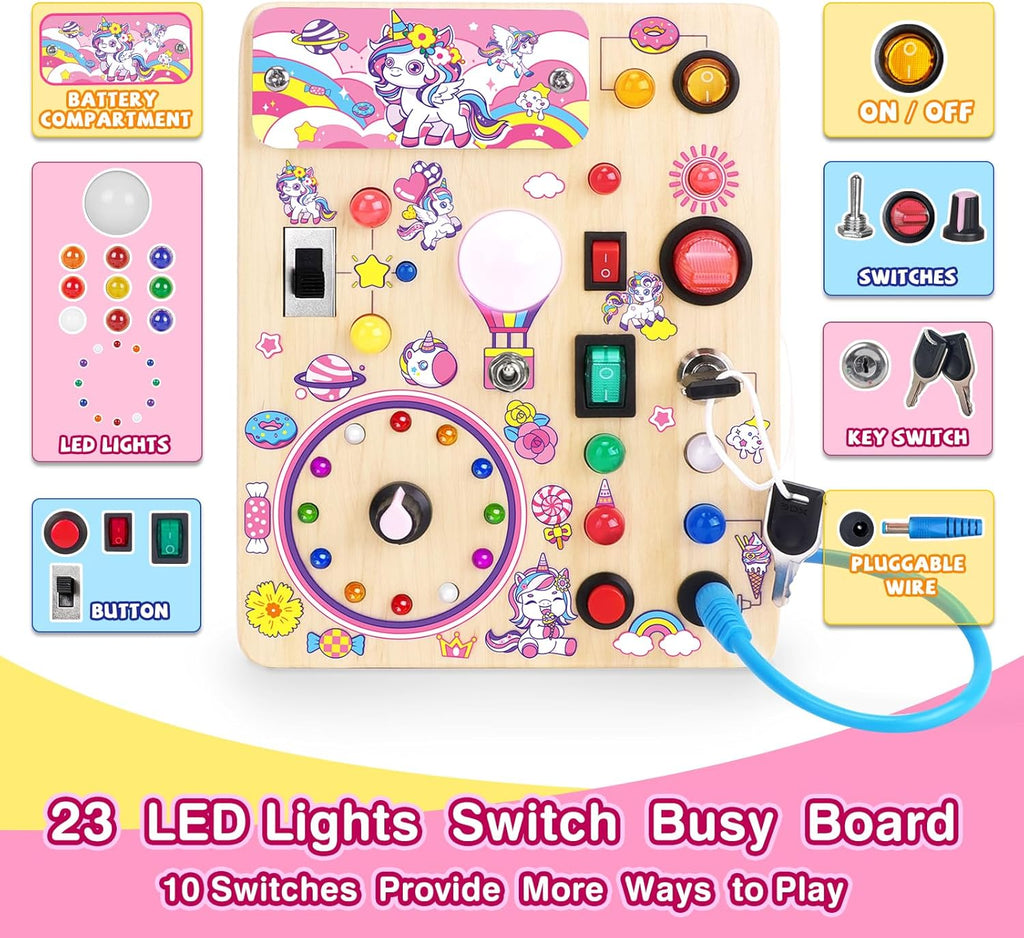 Grarain Busy Board for Toddlers - Montessori Educational Toy for 1-3 Year Old Boys & Girls | Travel-Friendly Sensory Learning Activity | Ideal for Kids with Autism(Unicorn Busy Board v2)