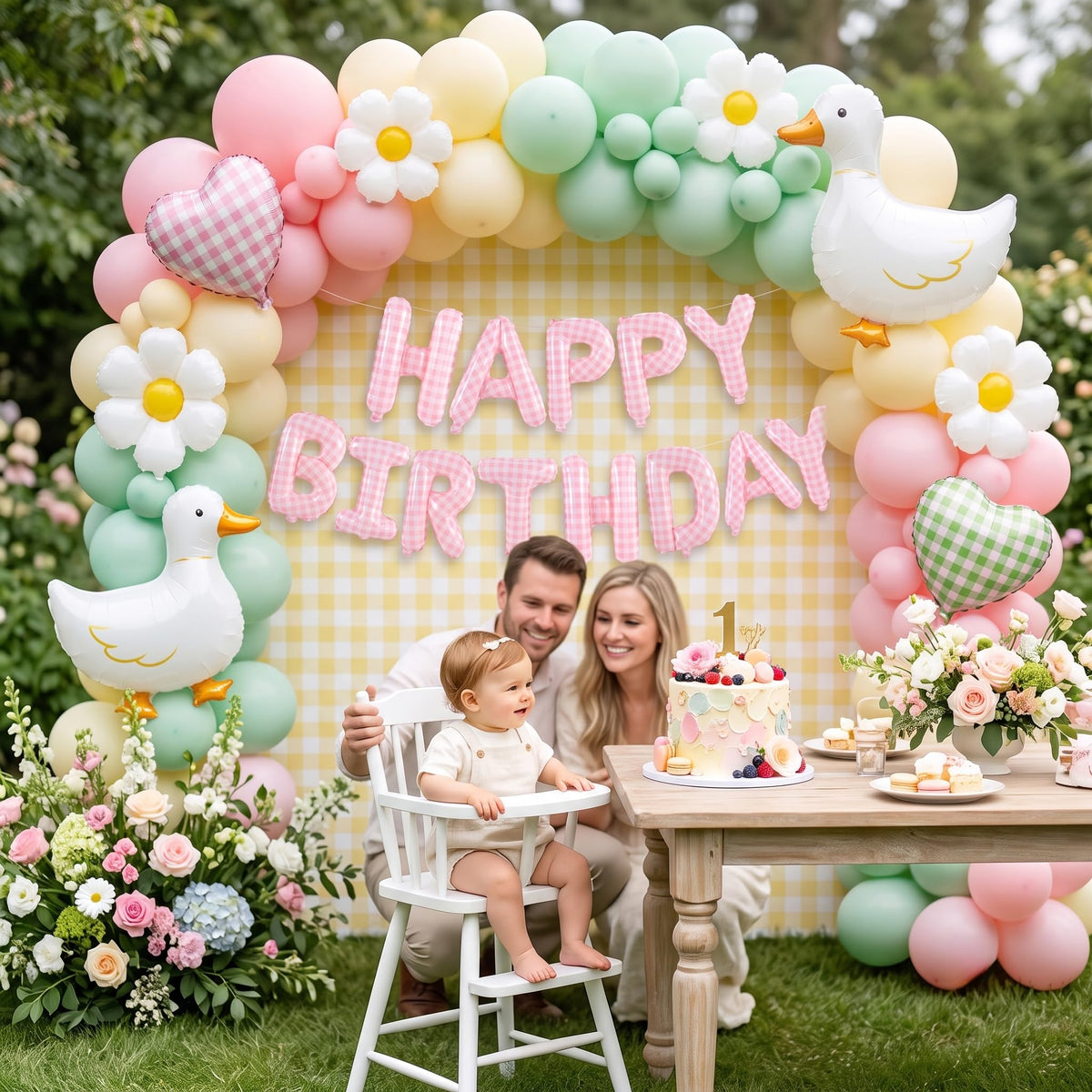 TONIFUL 16 Inch Yellow White Gingham Happy Birthday Foil Balloon