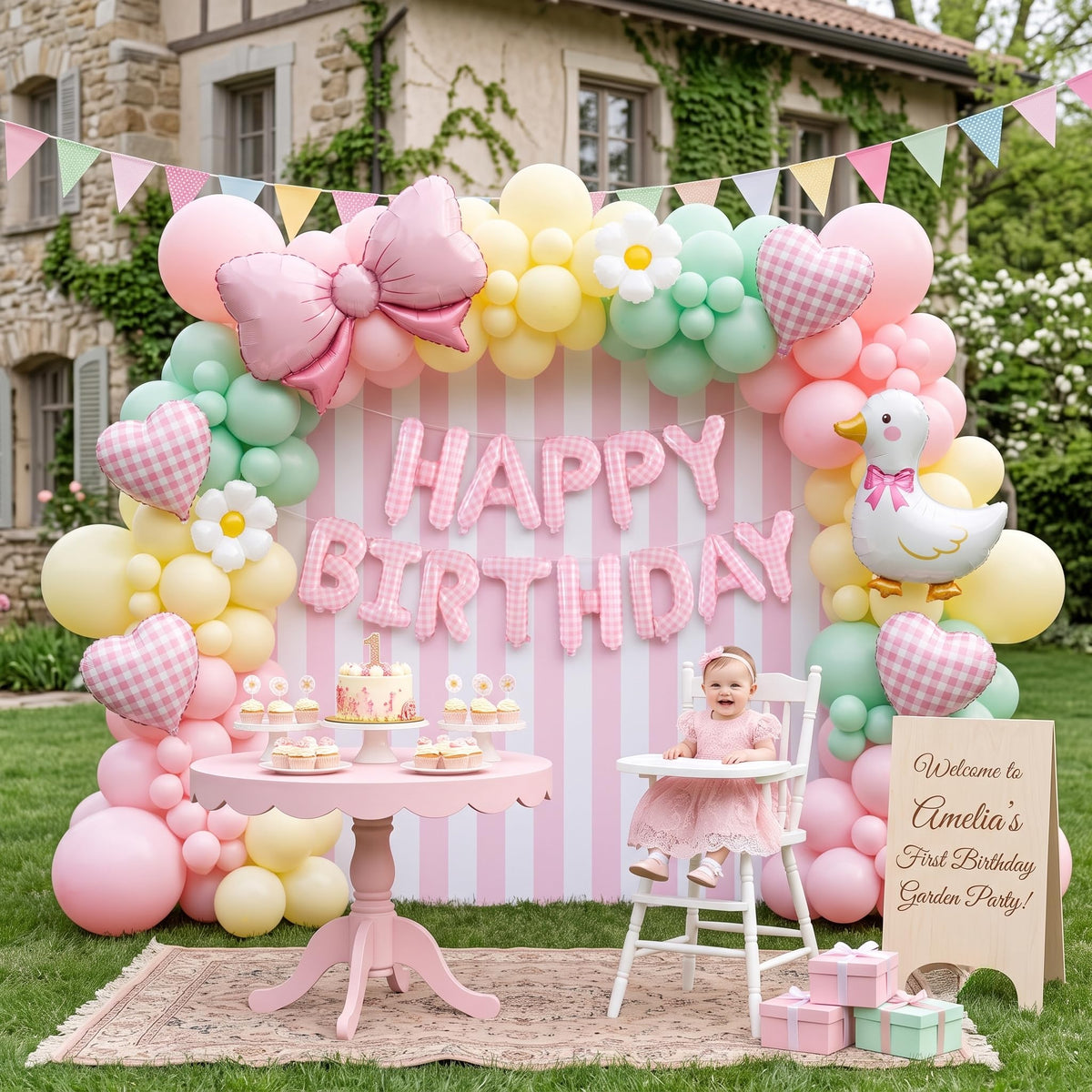 TONIFUL 16 Inch Yellow White Gingham Happy Birthday Foil Balloon