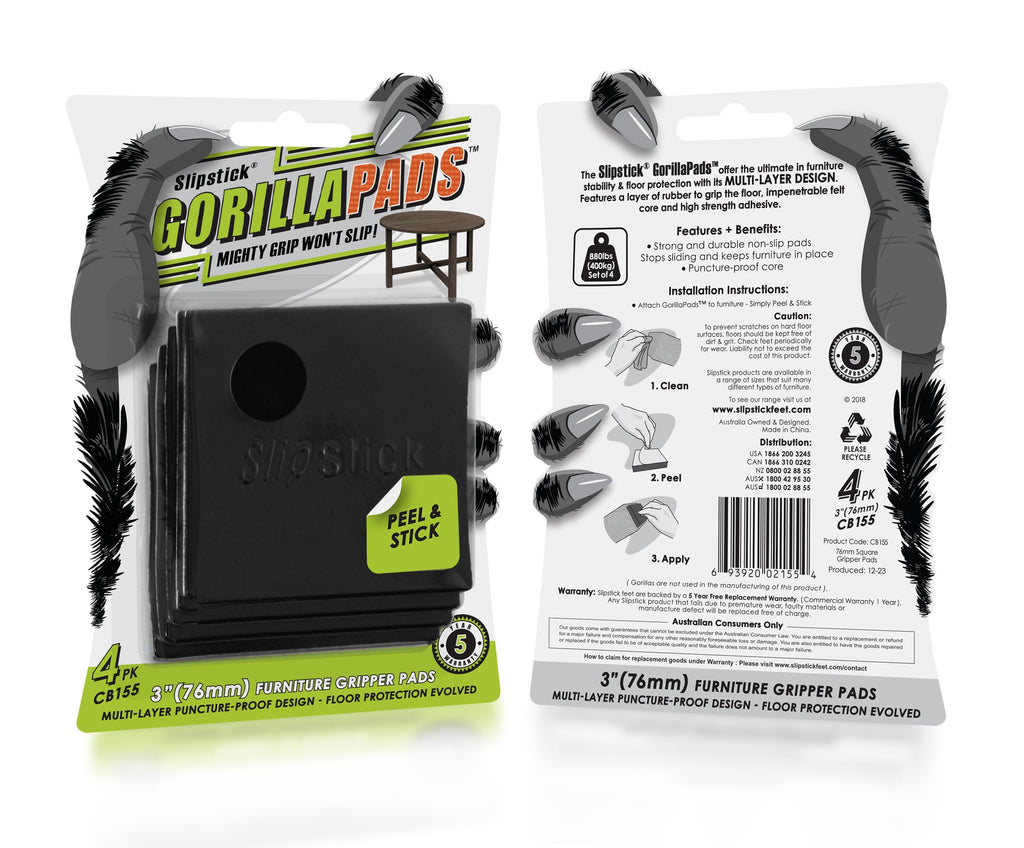 Slipstick GorillaPads CB147 Non Slip Furniture Pads/Gripper Feet (Set of 16) Self Adhesive Rubber Floor Protectors, 1 inch Round, Black