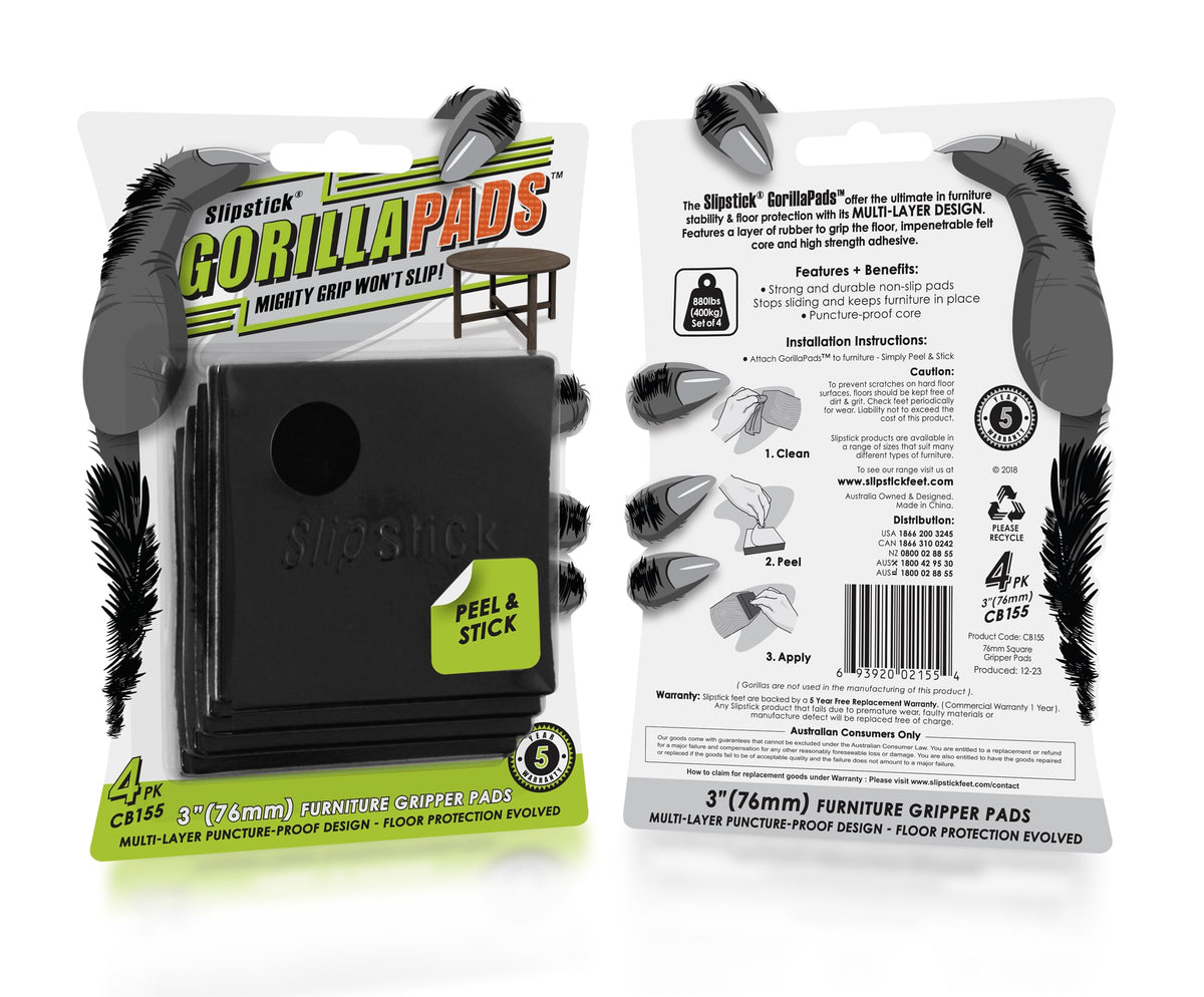 Slipstick GorillaPads CB147 Non Slip Furniture Pads/Gripper Feet (Set of 16) Self Adhesive Rubber Floor Protectors, 1 inch Round, Black
