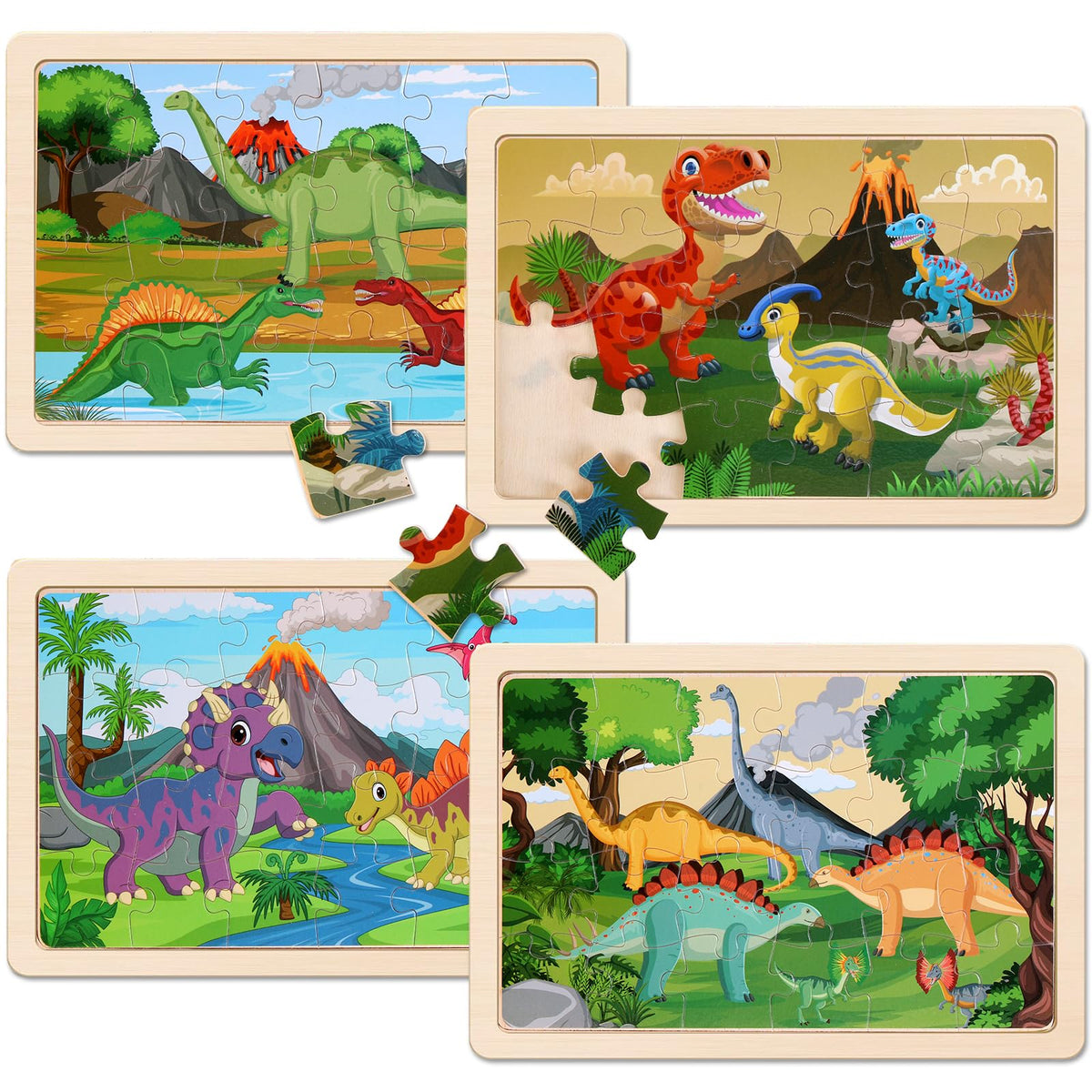Wooden Educational Jigsaw Puzzles for Preschool Kids Ages 3-5, 4-Pack with 20 Pieces Dinosaur, Space, Transportation Wood Puzzles Set, Kids Brain Teaser Toys, Gifts for Boys Girls Ages 3 4 5 6