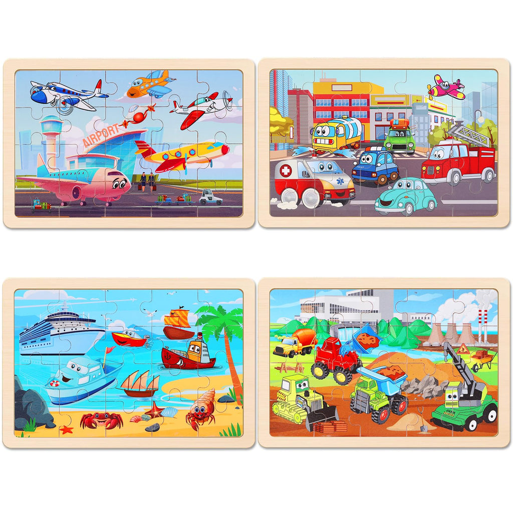 Wooden Educational Jigsaw Puzzles for Preschool Kids Ages 3-5, 4-Pack with 20 Pieces Dinosaur, Space, Transportation Wood Puzzles Set, Kids Brain Teaser Toys, Gifts for Boys Girls Ages 3 4 5 6