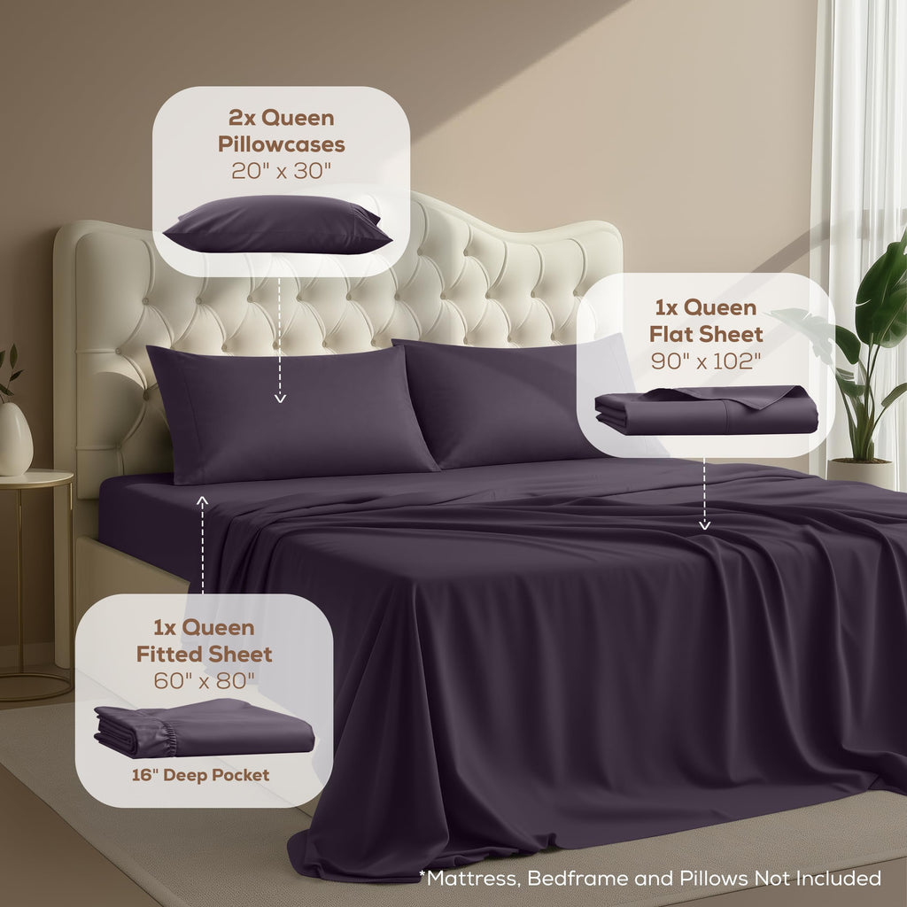 Queen Sheet Set, 4 Pieces 16" Deep Pocket Hotel Luxury Sheets, Heather Sage