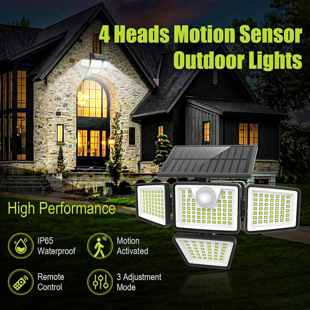 daphino 3000LM Solar Lights, Motion Sensor Outdoor Lights, 4-Head, 2 Pack