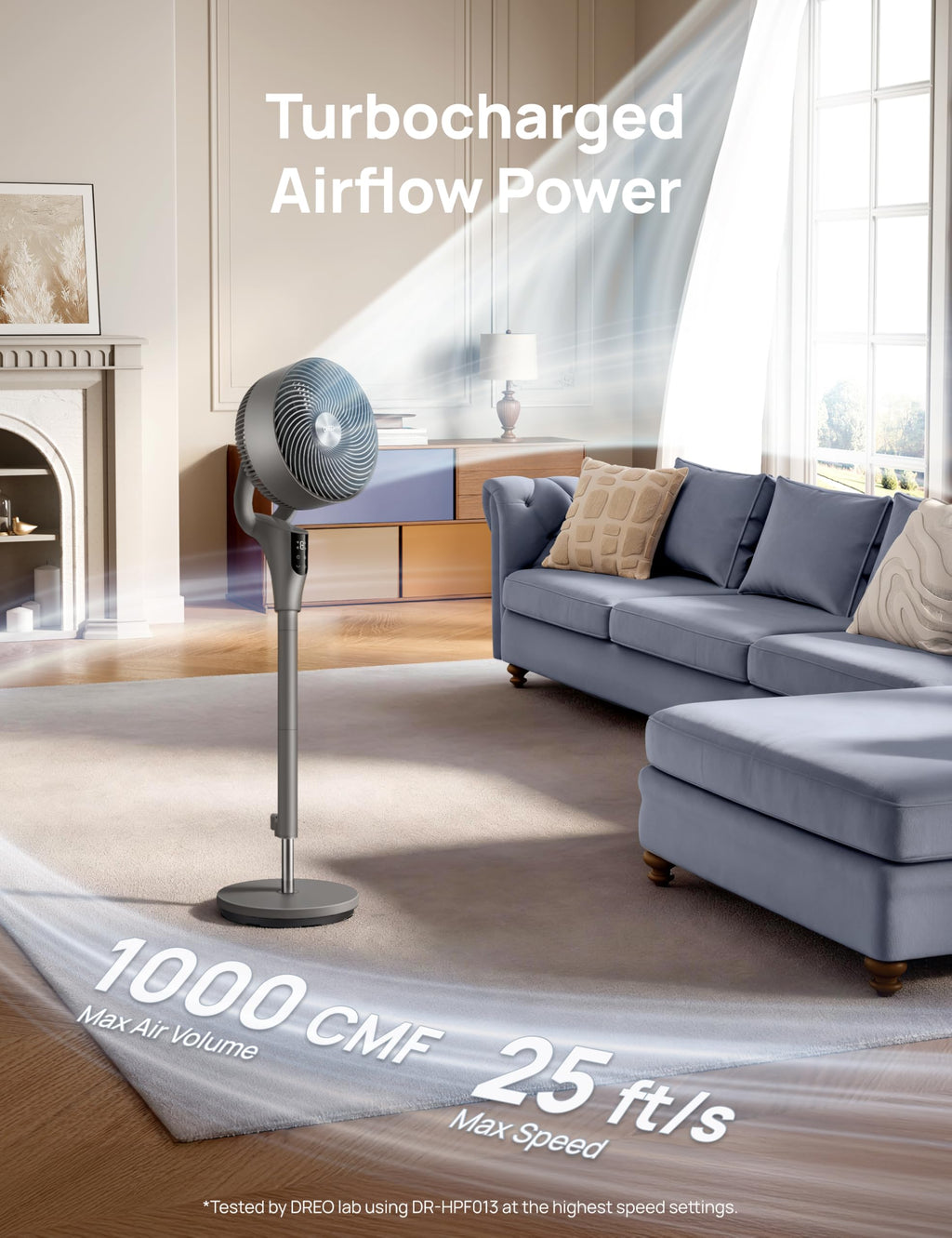 DREO Pedestal Fan for Bedroom, 100ft Airflow, Quiet DC Motor Standing Fan