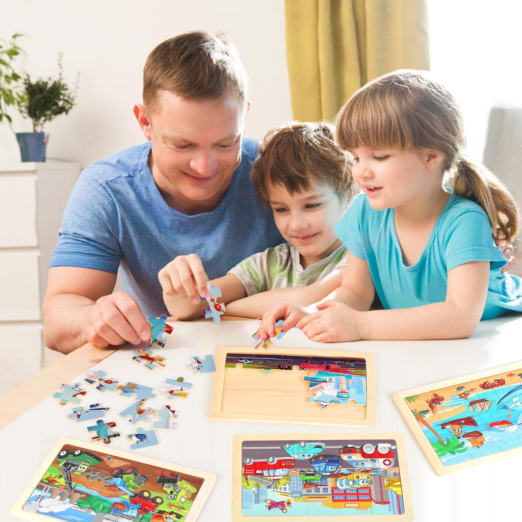 Wooden Educational Jigsaw Puzzles for Preschool Kids Ages 3-5, 4-Pack with 20 Pieces Dinosaur, Space, Transportation Wood Puzzles Set, Kids Brain Teaser Toys, Gifts for Boys Girls Ages 3 4 5 6