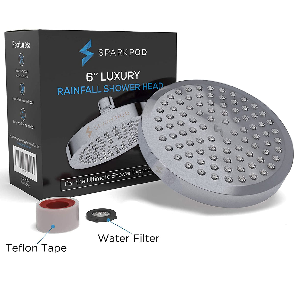 SparkPod Rain Shower Head, 6 Inch Round, Luxury Polished Chrome Finish