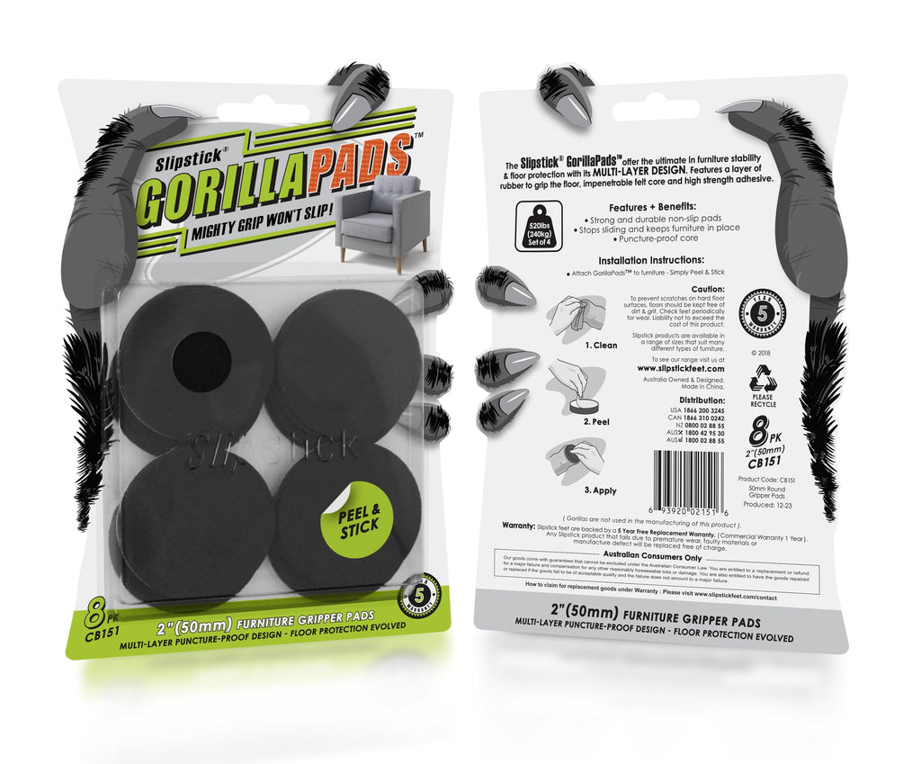 Slipstick GorillaPads CB147 Non Slip Furniture Pads/Gripper Feet (Set of 16) Self Adhesive Rubber Floor Protectors, 1 inch Round, Black