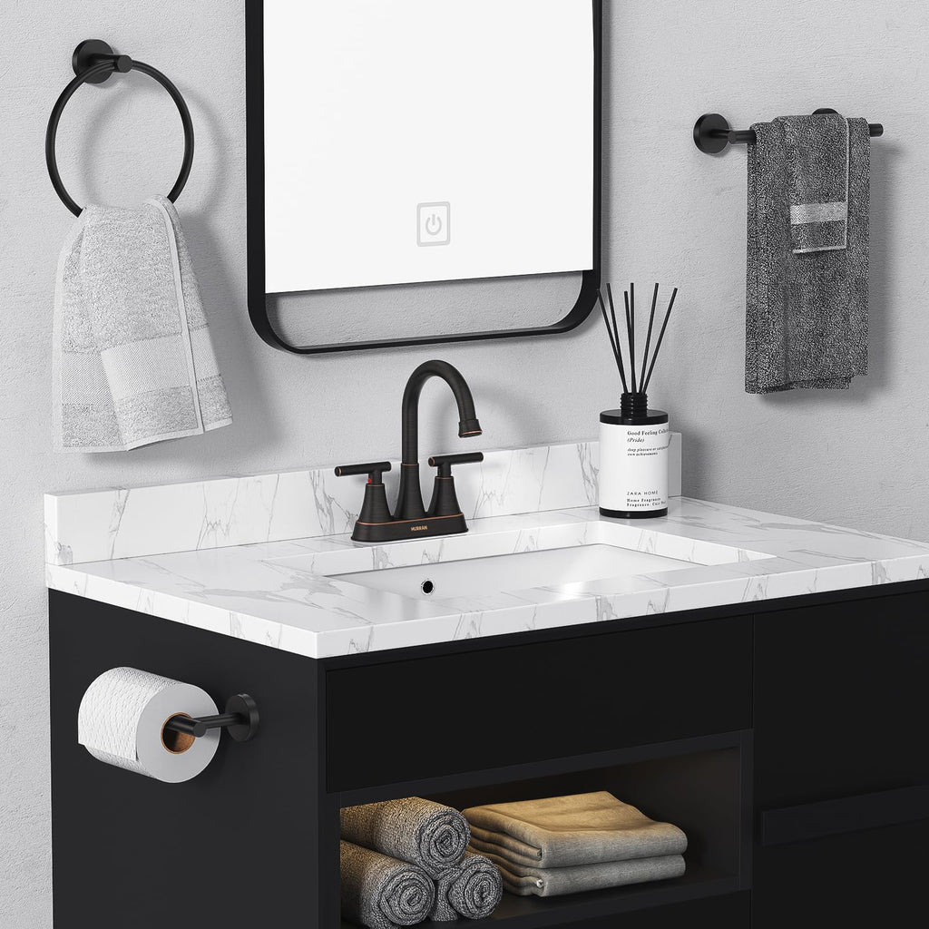 Matte Black Bathroom Faucet, Hurran 4 inch Centerset 2-Handle Lead-Free