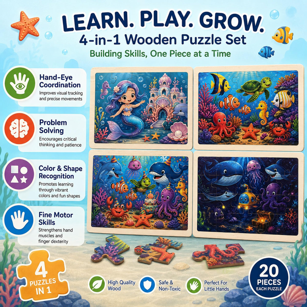 Wooden Educational Jigsaw Puzzles for Preschool Kids Ages 3-5, 4-Pack with 20 Pieces Dinosaur, Space, Transportation Wood Puzzles Set, Kids Brain Teaser Toys, Gifts for Boys Girls Ages 3 4 5 6
