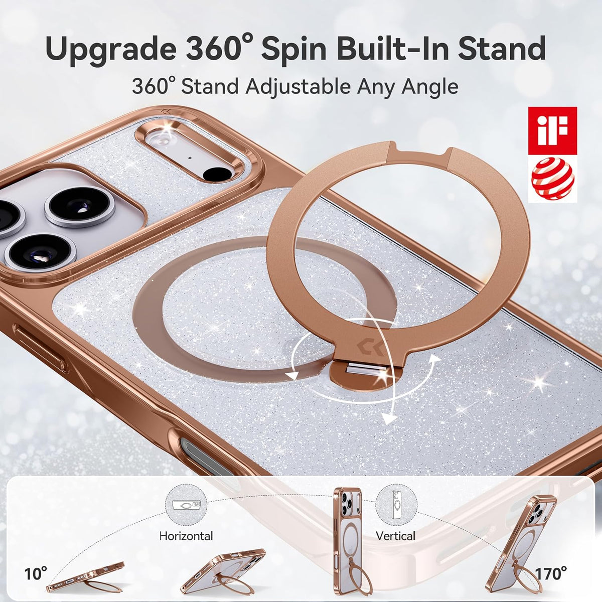 CASEKOO Glitter Clear for iPhone 18 Pro / 17 Pro Case, 360 Spin Stand