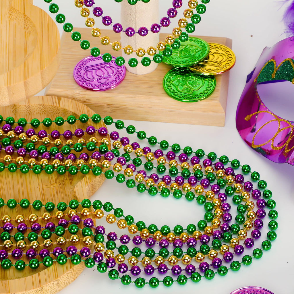 EOBOH Mardi Gras Beads, 12PCS Bead Necklace Party Favors, Metallic 6 Kinds of 33" Beaded Necklaces Costumes Stuff, Festival Parade Throw Accessory Sets for Mardi Gras Celebrations Decorations