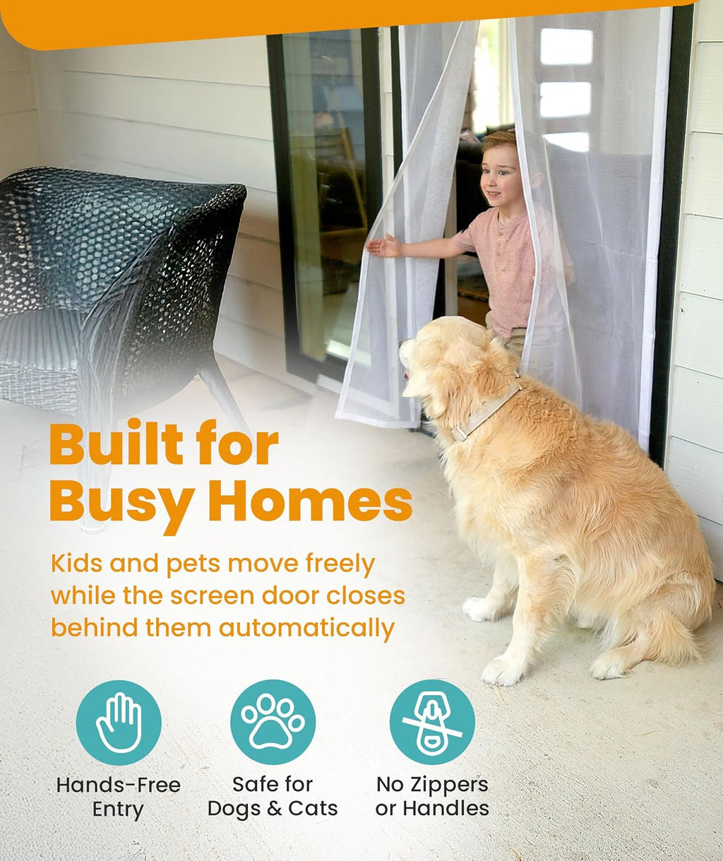 Flux Phenom Magnetic Screen Door (White) - Bugs Out, Breeze in - 9min Install Auto-Sealing Heavy Duty Double Stitched Mesh, 52 Magnets, Hands Free Patio Doors Net, Pet & Kid Friendly, 38 x 82 Inch