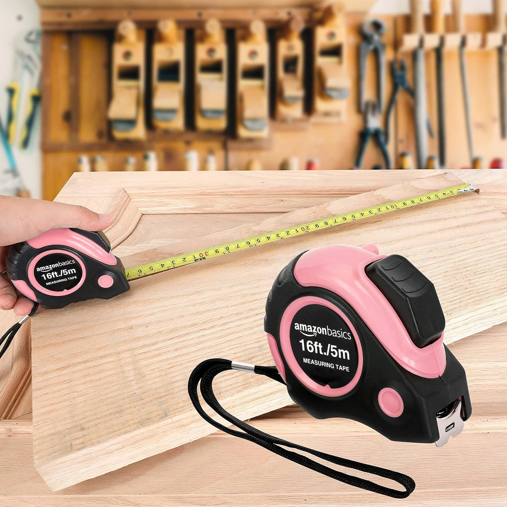 Amazon Basics Retractable Tape Measure with Metric and SAE Measurements, 16ft/5m, Belt Clip, Readable, Pink