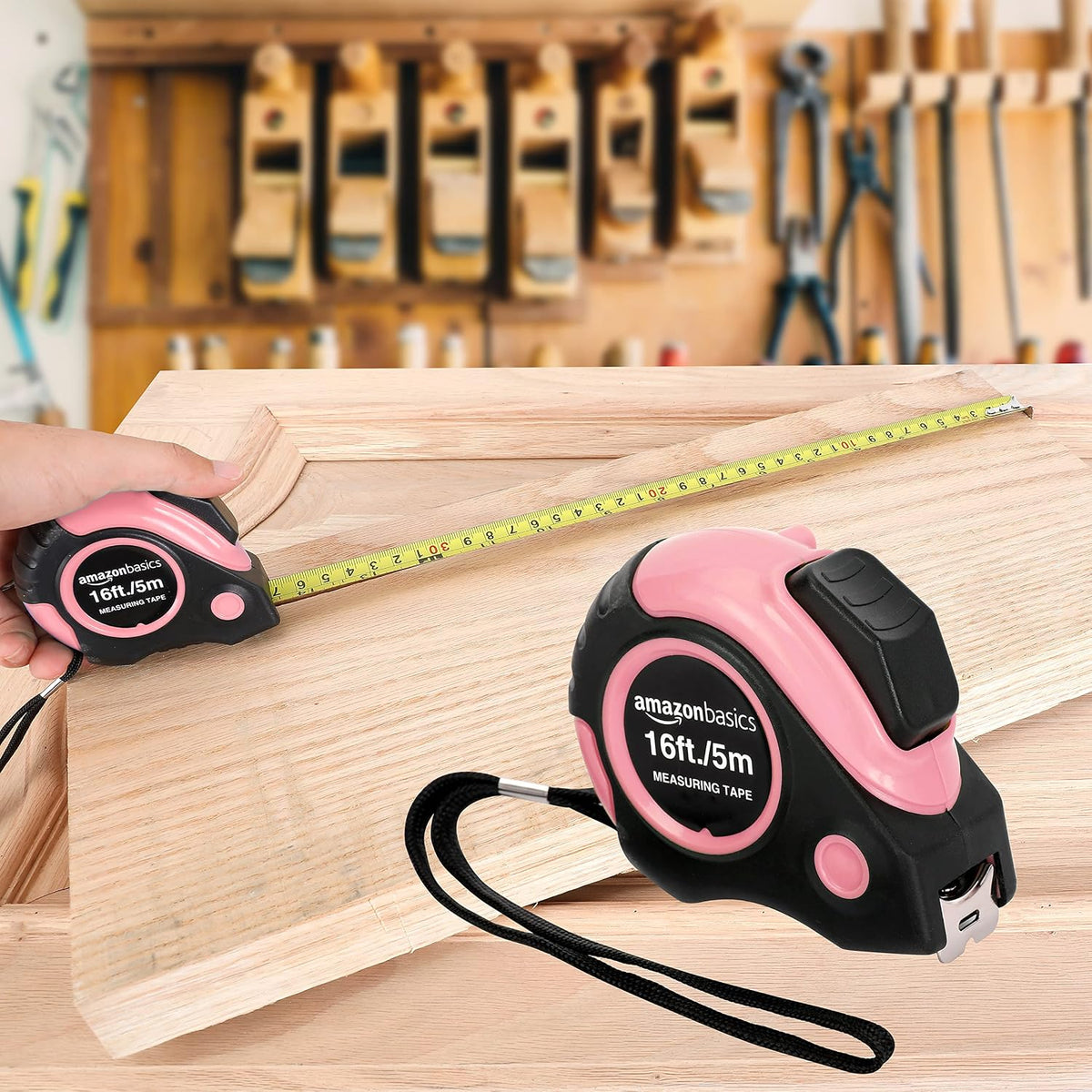 Amazon Basics Retractable Tape Measure with Metric and SAE Measurements, 16ft/5m, Belt Clip, Readable, Pink