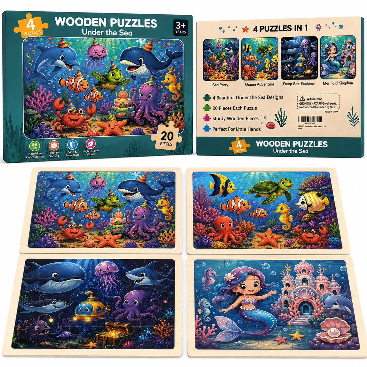 Wooden Educational Jigsaw Puzzles for Preschool Kids Ages 3-5, 4-Pack with 20 Pieces Dinosaur, Space, Transportation Wood Puzzles Set, Kids Brain Teaser Toys, Gifts for Boys Girls Ages 3 4 5 6