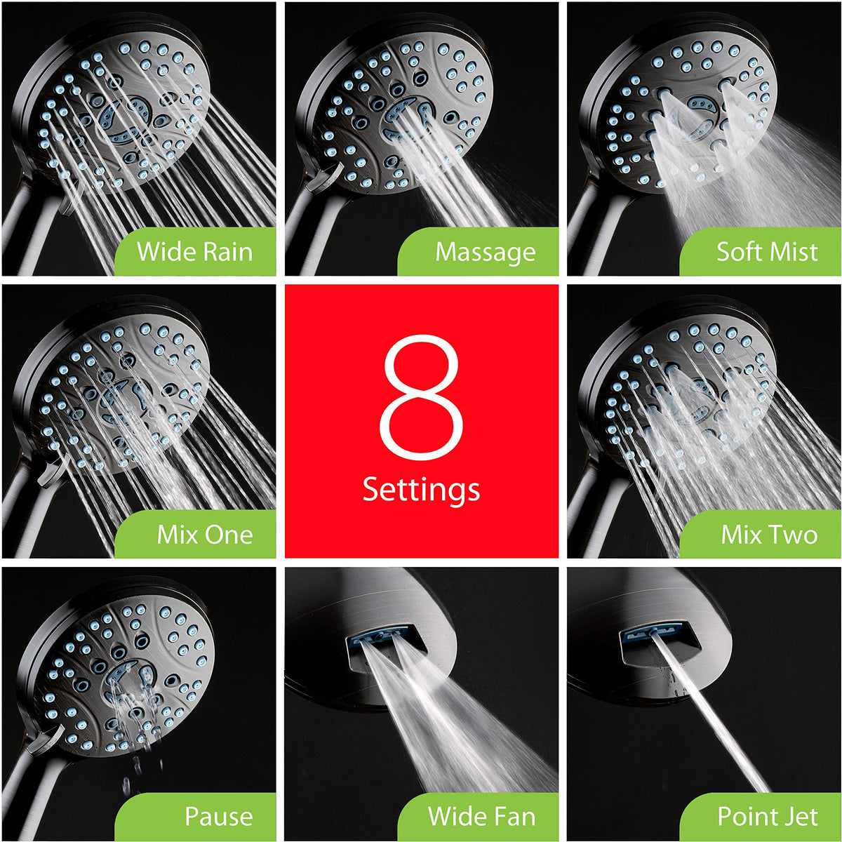 AquaCare 8-mode High Pressure Handheld Shower Head with 2-mode Power Wash