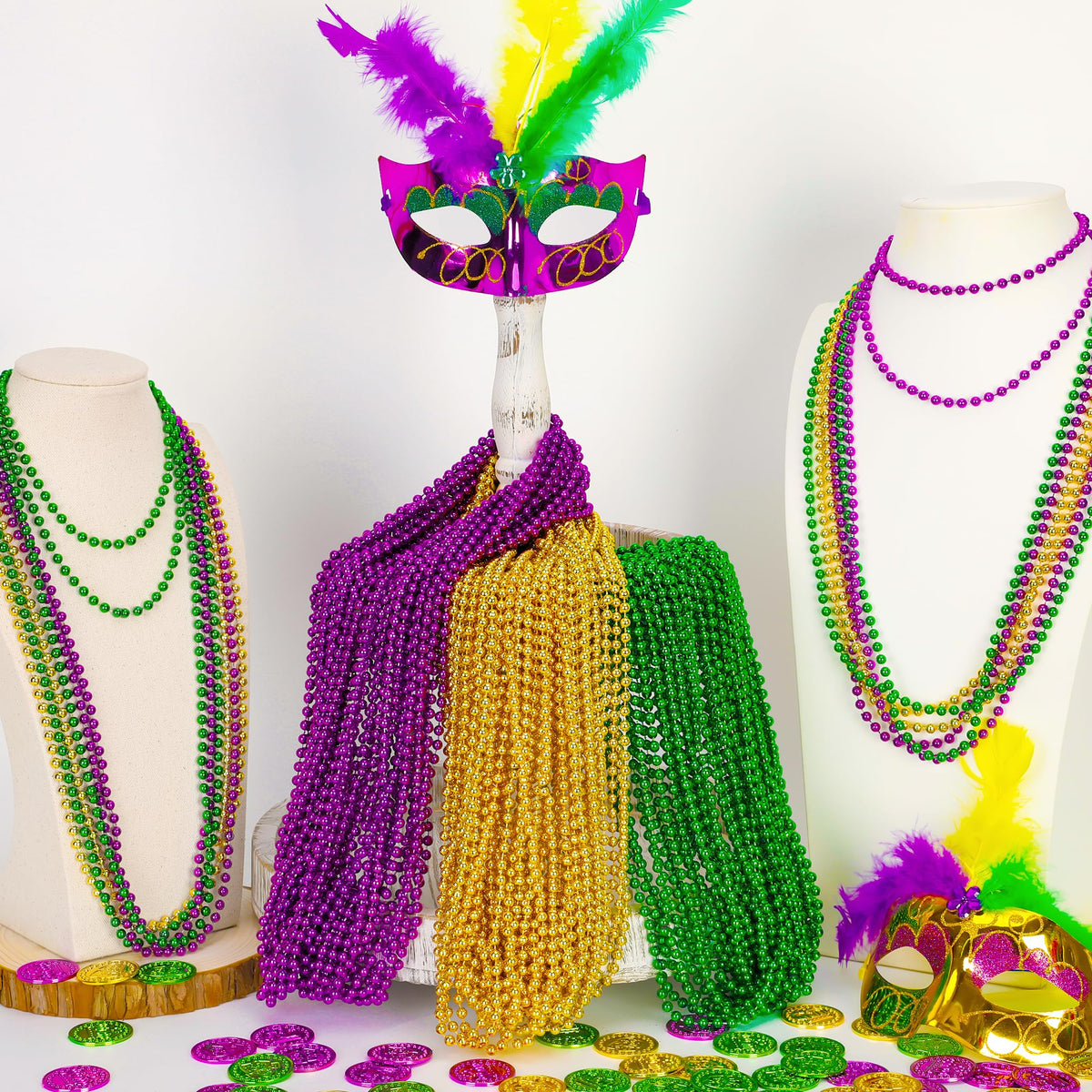 EOBOH Mardi Gras Beads, 12PCS Bead Necklace Party Favors, Metallic 6 Kinds of 33" Beaded Necklaces Costumes Stuff, Festival Parade Throw Accessory Sets for Mardi Gras Celebrations Decorations