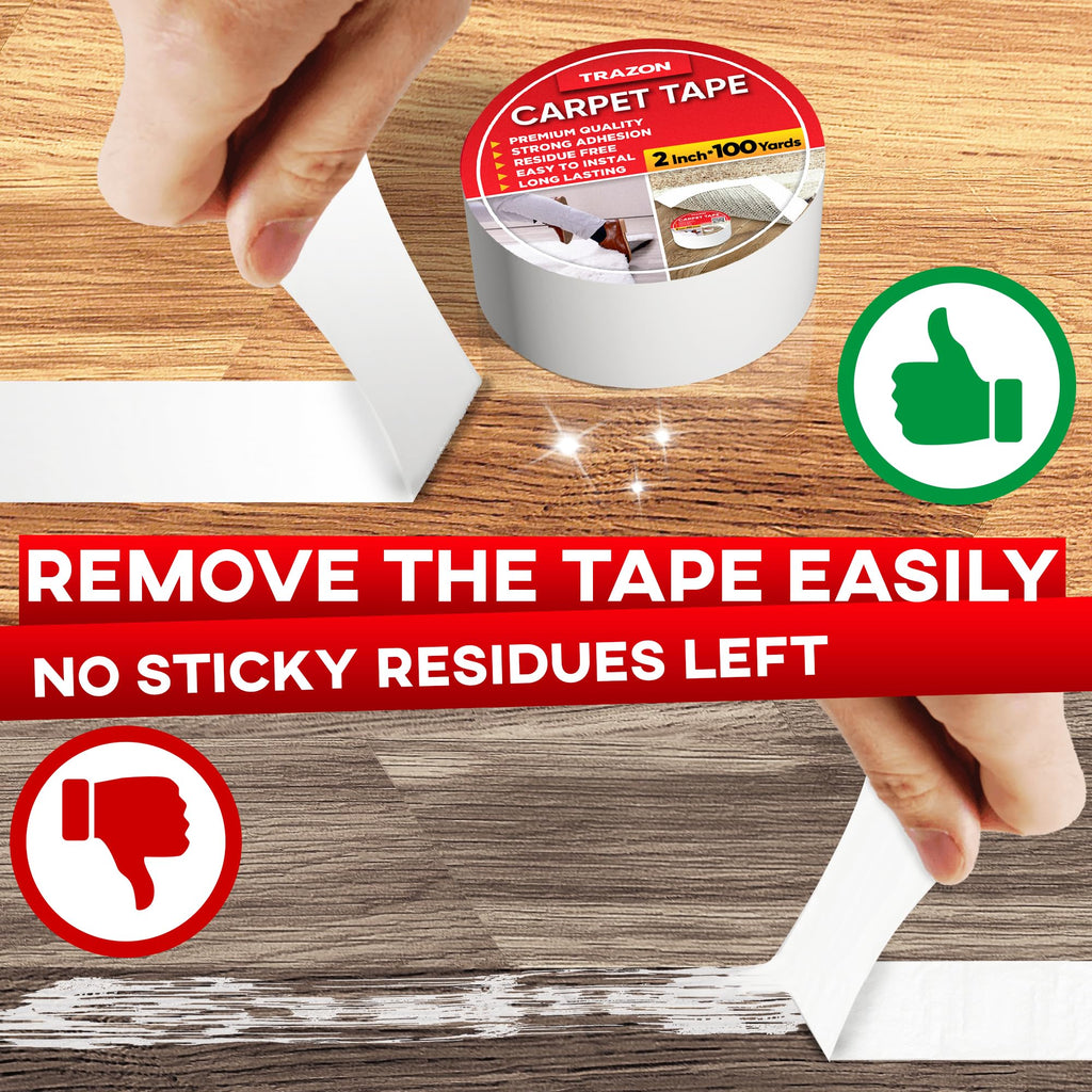 Carpet Tape Double Sided - Rug Tape Grippers for Hardwood Floors and Area Rugs - Carpet Binding Tape Strong Adhesive and Removable, Heavy Duty Stickers Grip Tape, Residue Free (2 Inch / 12 Yards)