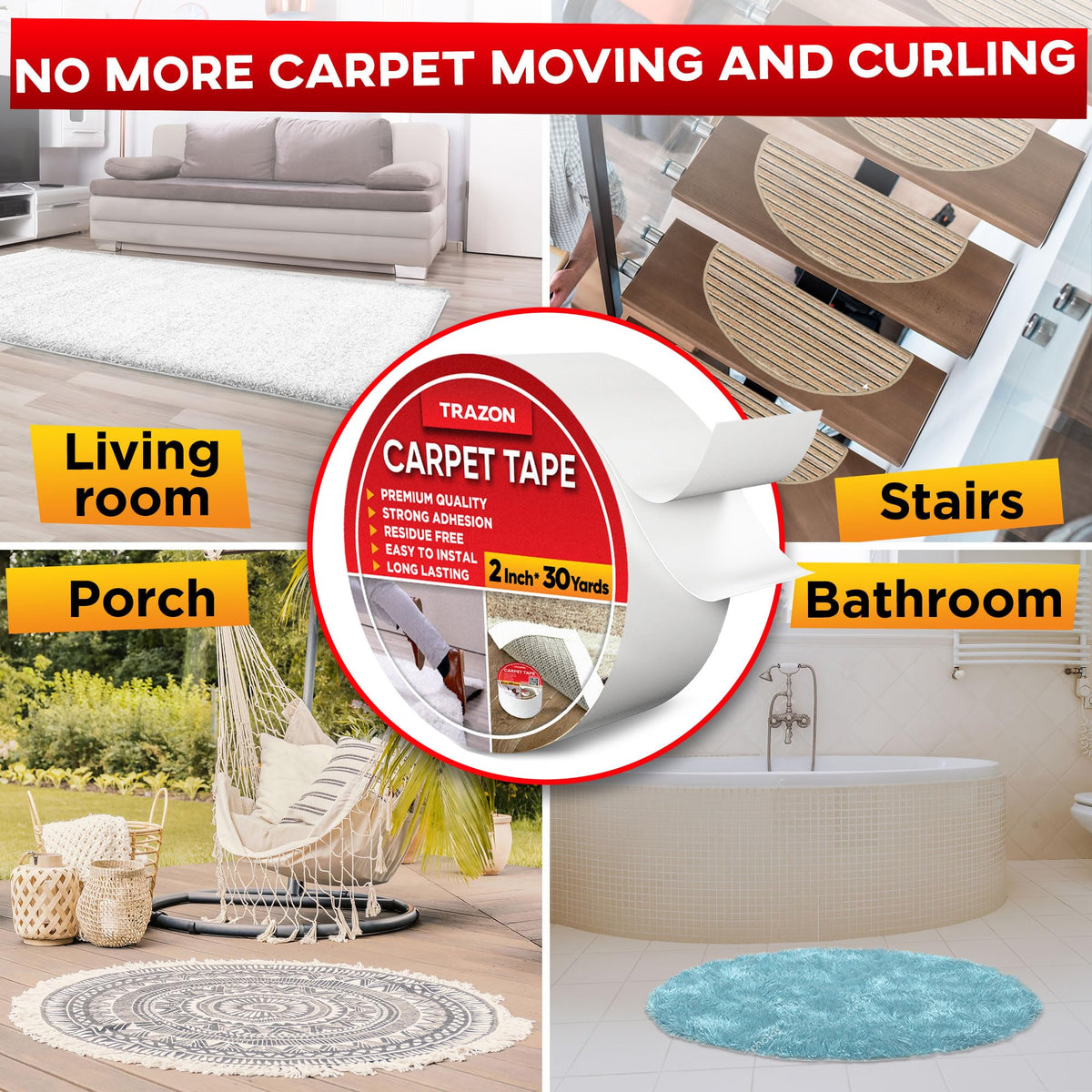 Carpet Tape Double Sided - Rug Tape Grippers for Hardwood Floors and Area Rugs - Carpet Binding Tape Strong Adhesive and Removable, Heavy Duty Stickers Grip Tape, Residue Free (2 Inch / 12 Yards)