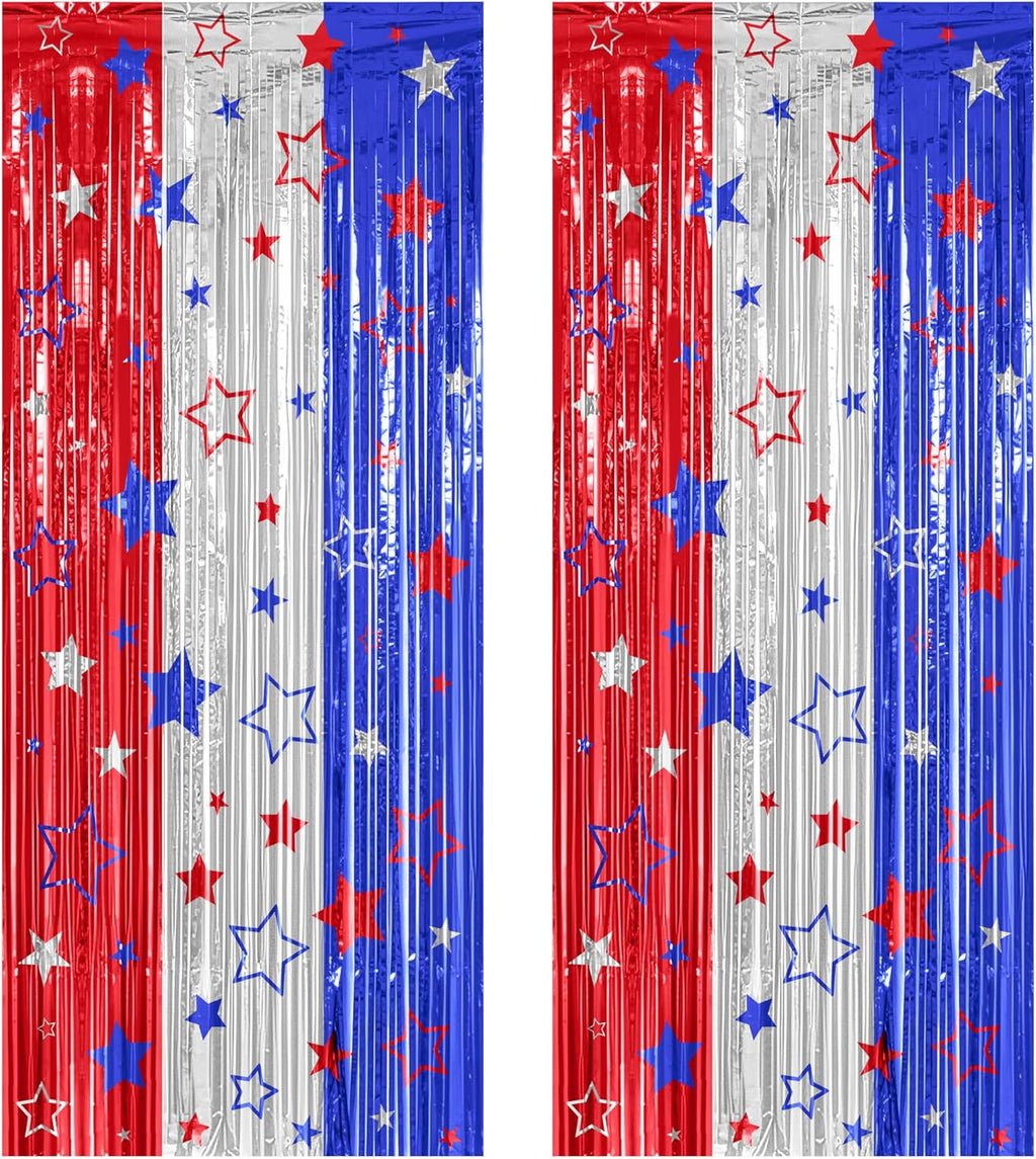 ZATAYE 2 Pack Red Silver Blue Foil Curtain Streamer Decorations