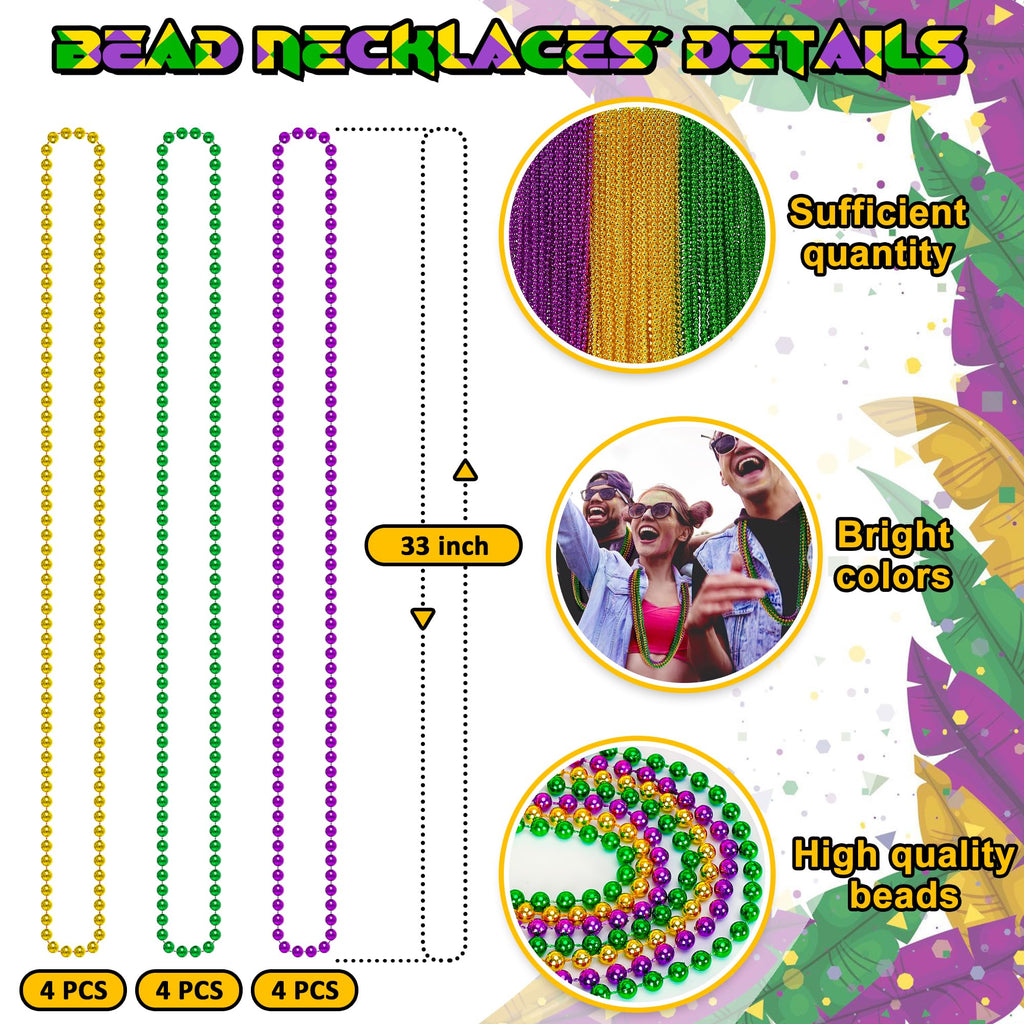 EOBOH Mardi Gras Beads, 12PCS Bead Necklace Party Favors, Metallic 6 Kinds of 33" Beaded Necklaces Costumes Stuff, Festival Parade Throw Accessory Sets for Mardi Gras Celebrations Decorations