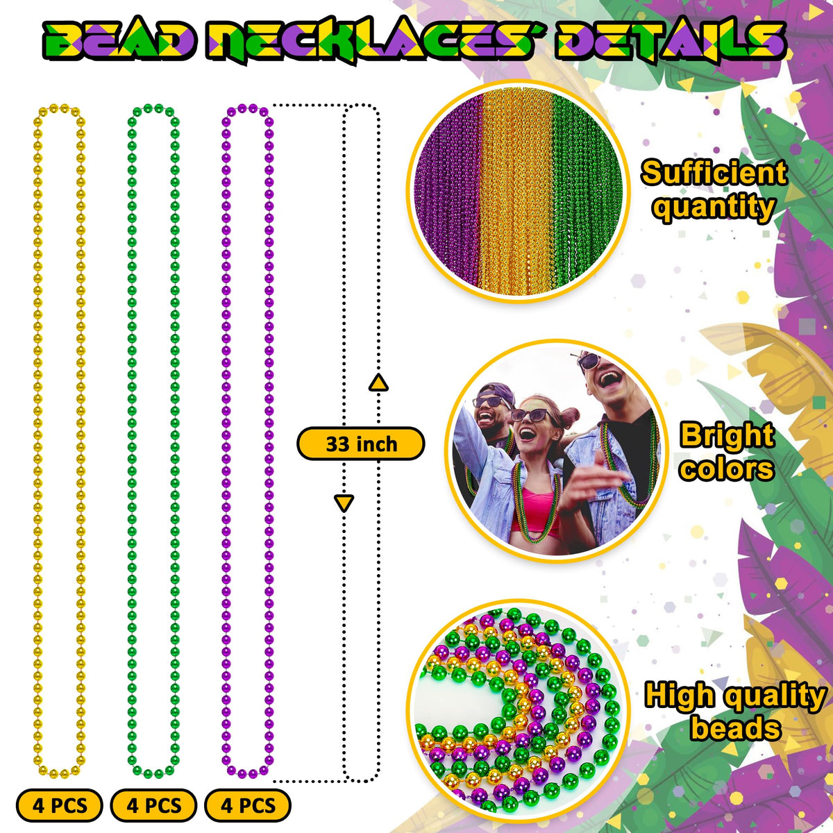 EOBOH Mardi Gras Beads, 12PCS Bead Necklace Party Favors, Metallic 6 Kinds of 33" Beaded Necklaces Costumes Stuff, Festival Parade Throw Accessory Sets for Mardi Gras Celebrations Decorations