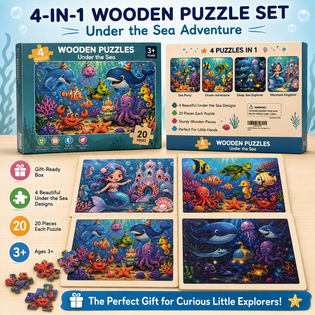 Wooden Educational Jigsaw Puzzles for Preschool Kids Ages 3-5, 4-Pack with 20 Pieces Dinosaur, Space, Transportation Wood Puzzles Set, Kids Brain Teaser Toys, Gifts for Boys Girls Ages 3 4 5 6