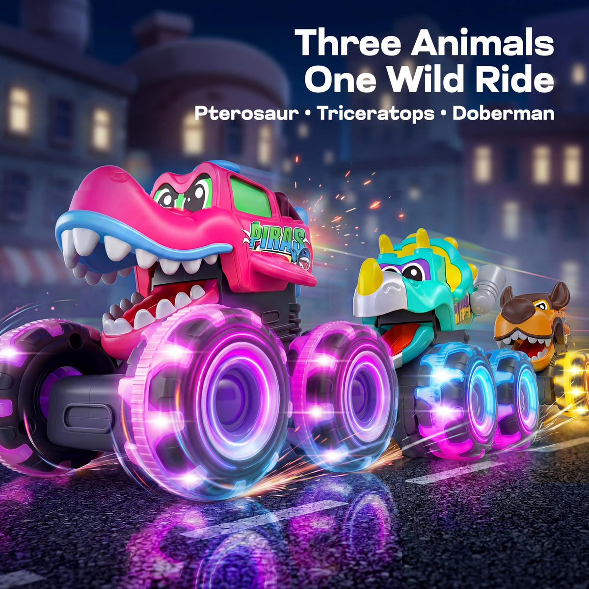JOYIN 3 Pack Monster Truck Toy, Light Up Cars Press and Go Dinosaur Trucks